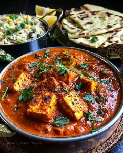 Instant Pot vegan tikka masala with tofu cubes in creamy tomato sauce, garnished with fresh cilantro.