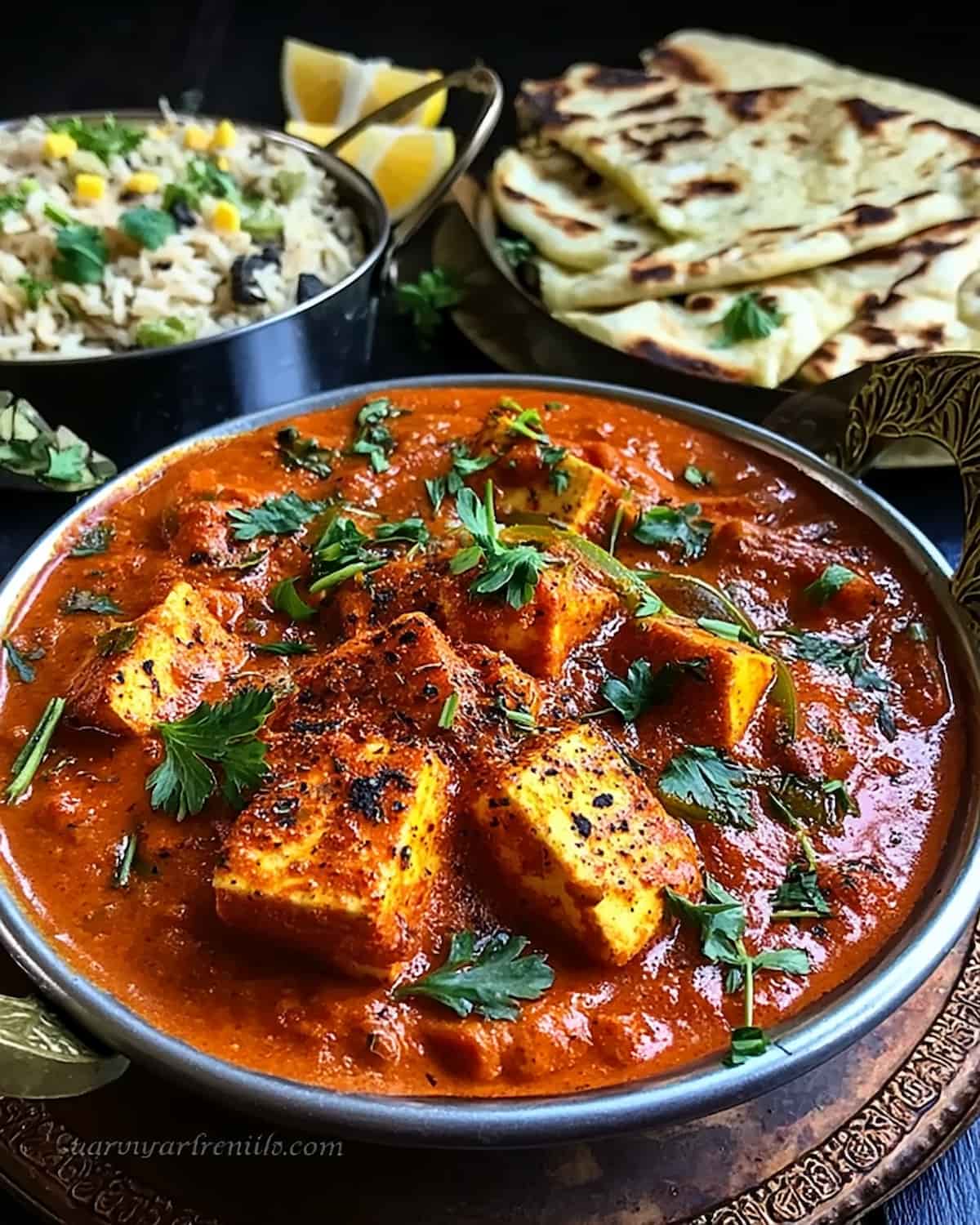 Instant Pot vegan tikka masala with tofu cubes in creamy tomato sauce, garnished with fresh cilantro.