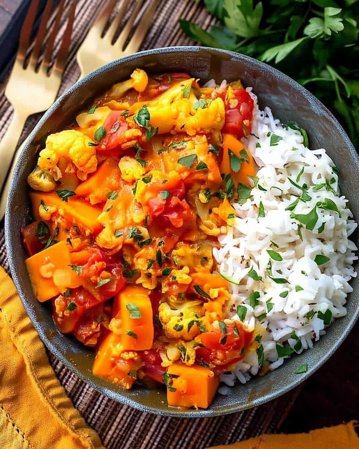 Instant Pot vegetable curry with cauliflower, carrots, and tomatoes served with fluffy white rice and fresh herbs.