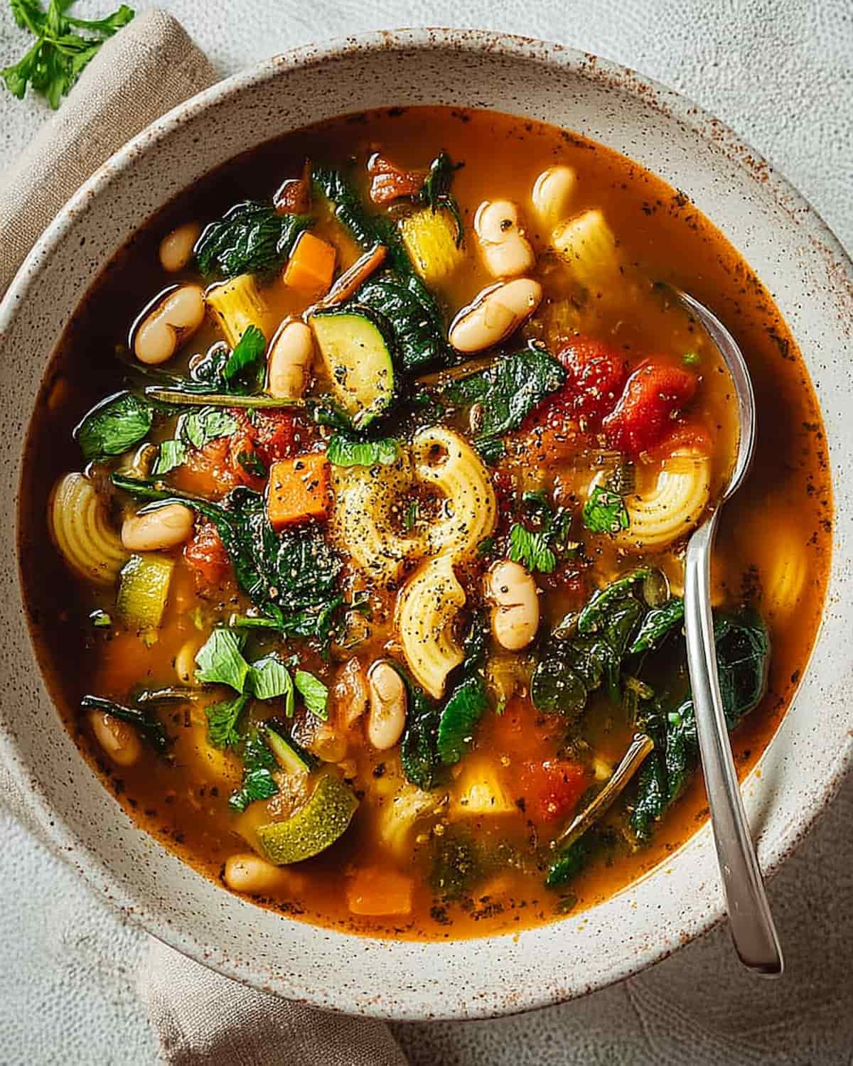 Instant Pot vegetarian minestrone with pasta, beans, zucchini, spinach, and carrots in a rich tomato broth.