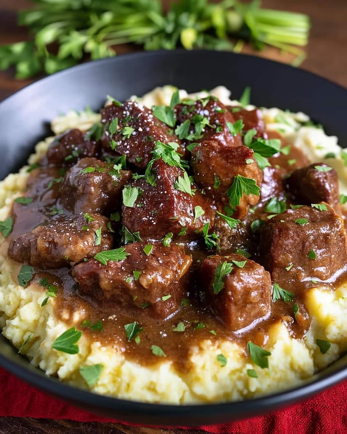Instant Pot Beef Tips simmered in rich gravy, served over creamy mashed potatoes and garnished with fresh herbs.
