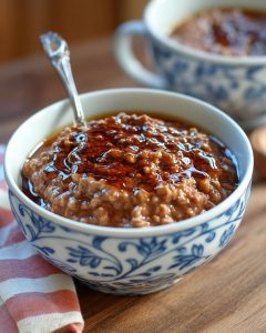 Instant Pot Chocolate Oatmeal in a bowl, rich and creamy with a glossy chocolate drizzle.