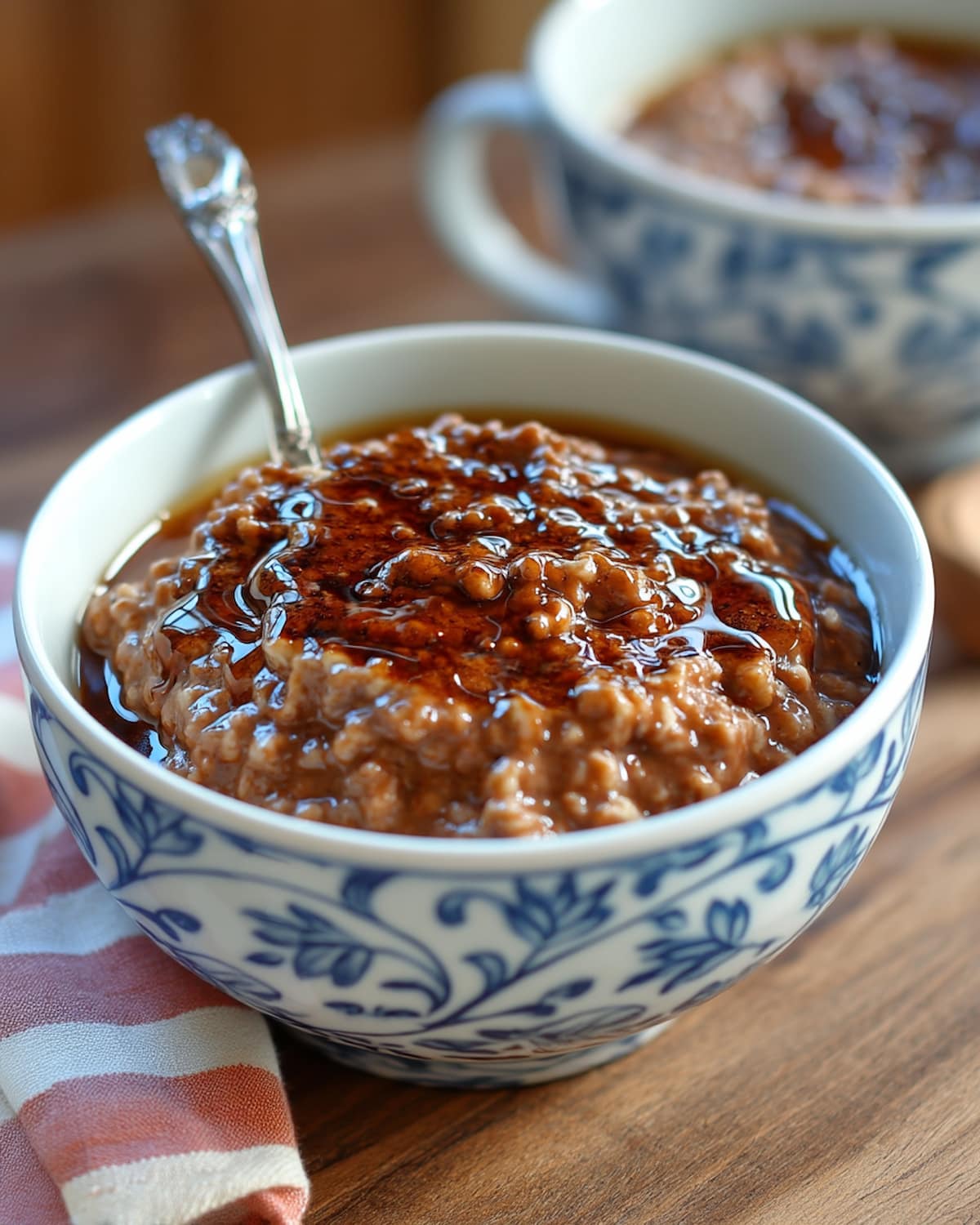 Instant Pot Chocolate Oatmeal in a bowl, rich and creamy with a glossy chocolate drizzle.
