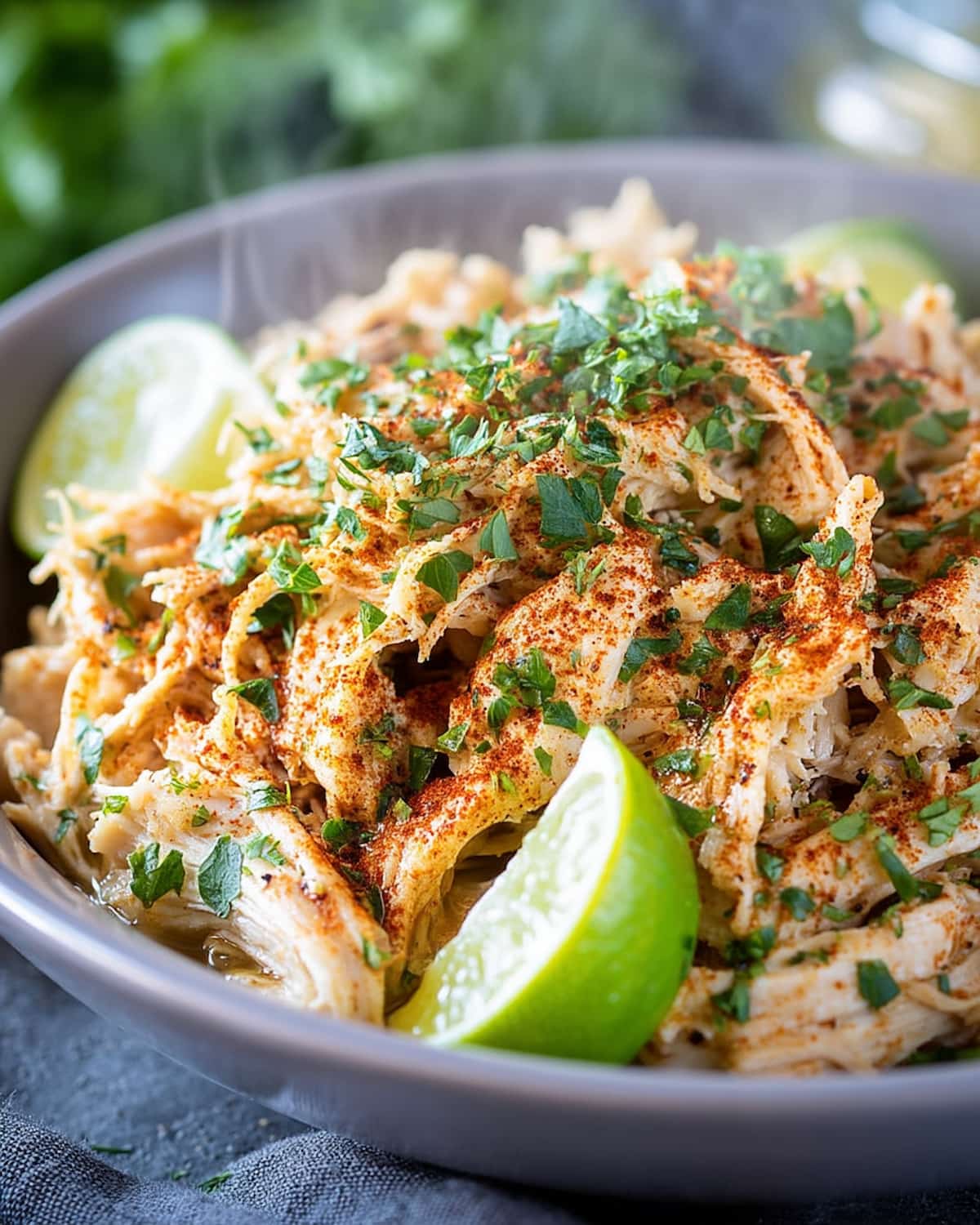 Instant Pot shredded chicken salad with tender seasoned chicken, fresh cilantro, and lime wedges.