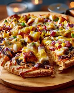 Instant Pot BBQ chicken pizza topped with melted cheese, red onions, corn, and tender barbecue chicken on a golden crust.