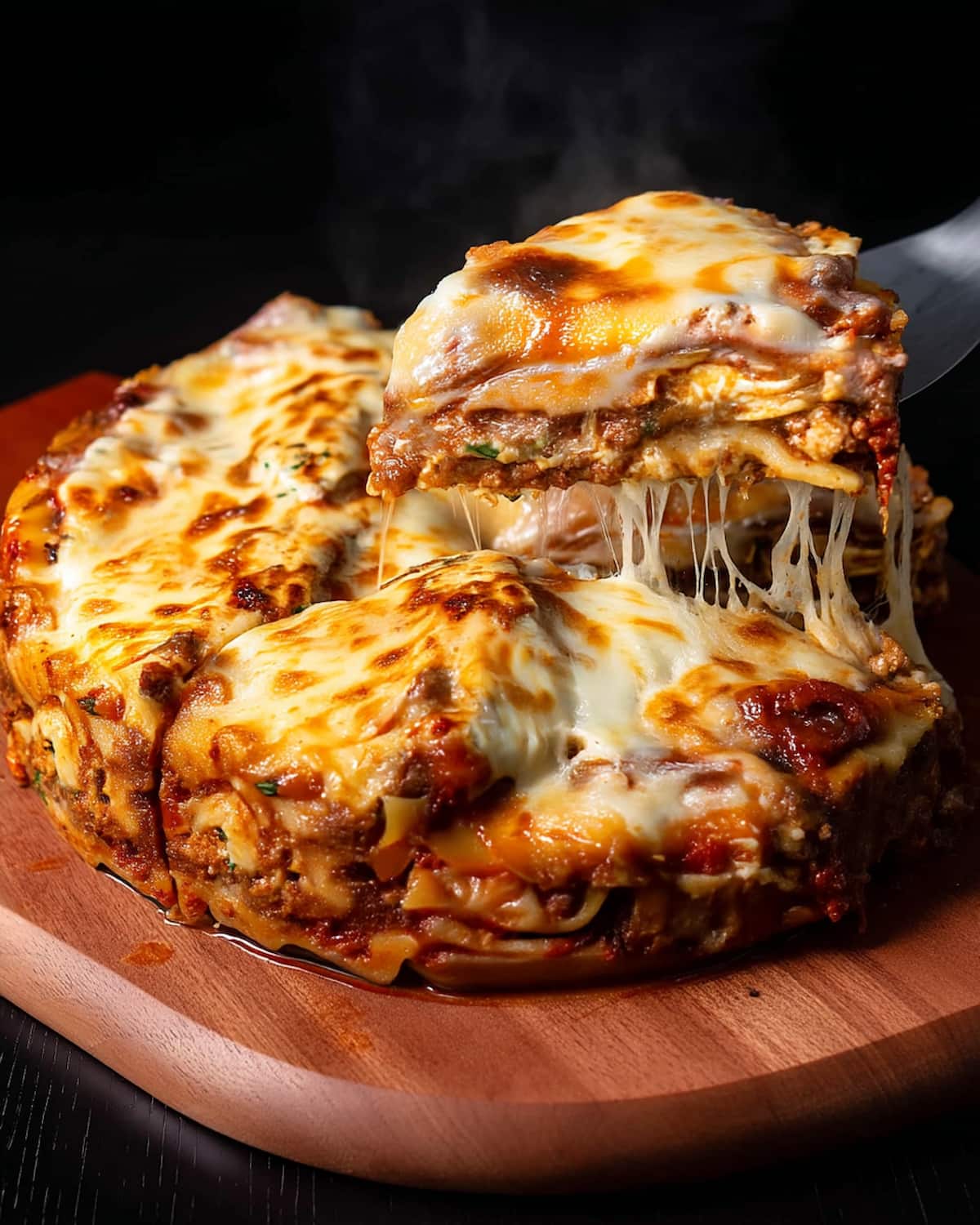 Instant pot lasagna with layers of tender noodles, rich meat sauce, and melted golden cheese, served hot with a stretchy.