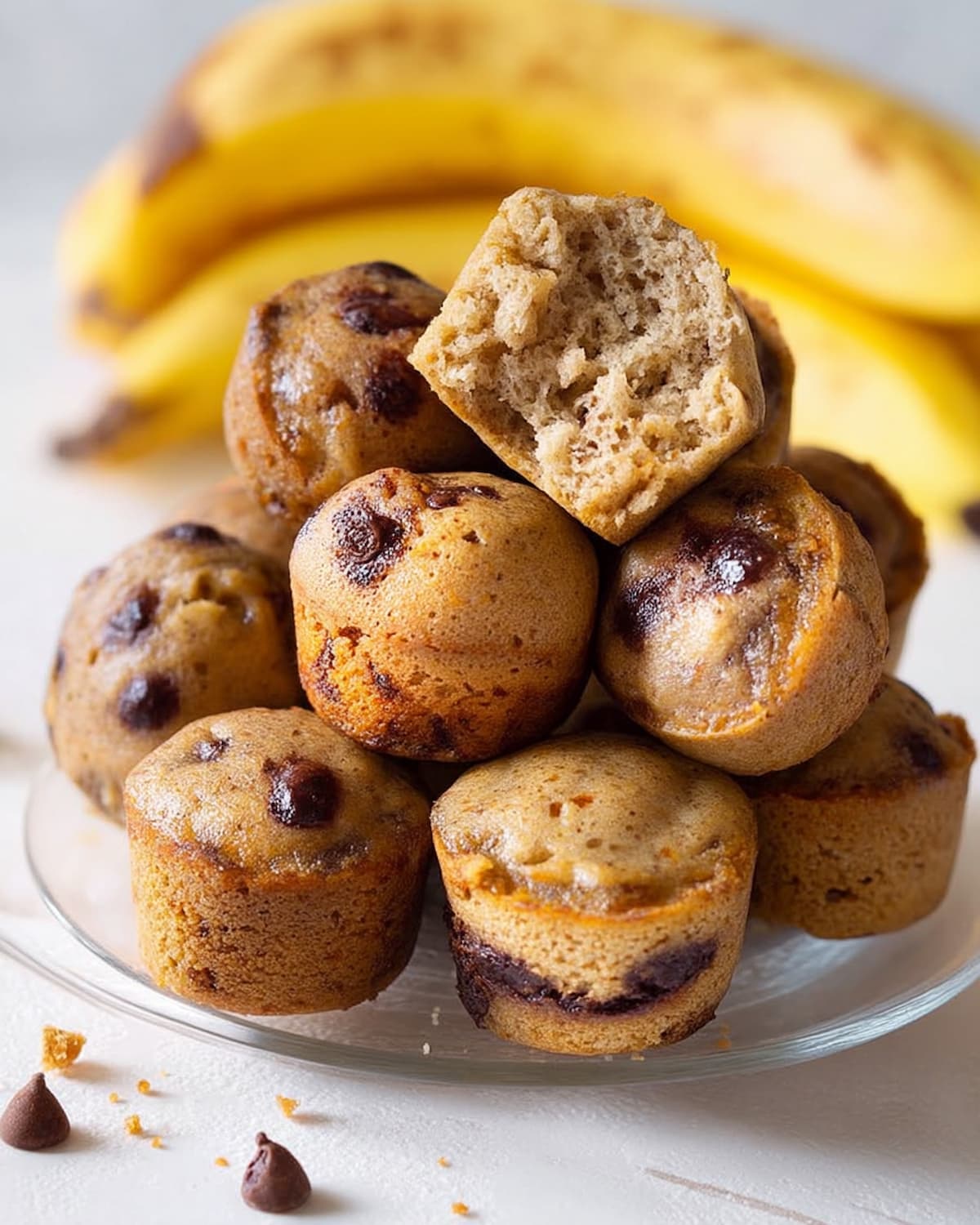 Plate of fluffy Instant Pot Banana Bread Muffins with chocolate chips.