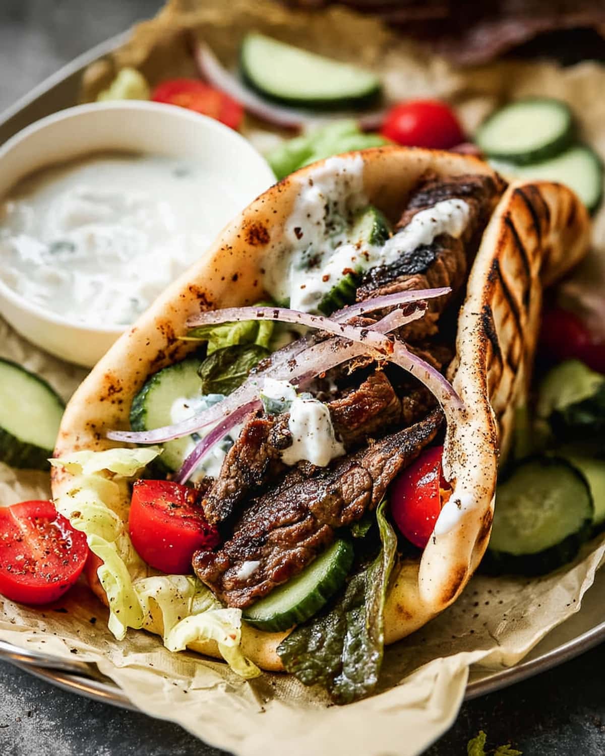 Instant Pot Beef Tips with Tzatziki served in warm pita with fresh cucumbers, tomatoes, red onion.