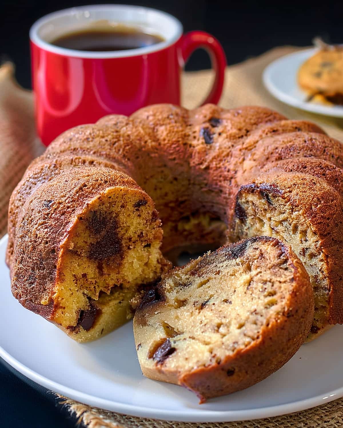 Instant Pot Chocolate Banana Bread, moist and fluffy with rich chocolate chips, sliced on a plate.