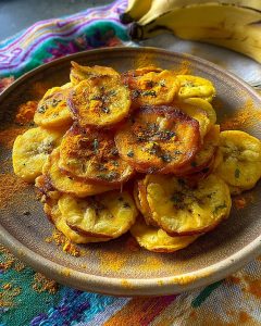 Crispy golden Instant Pot Banana Crisp slices seasoned with turmeric and herbs, piled on a rustic plate.